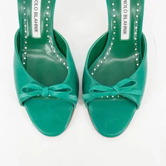 Manolo Blahnik Green Leather Pertinanu Bow Detail Kitten Heel Mules IT 37 - Picture 6 of 10